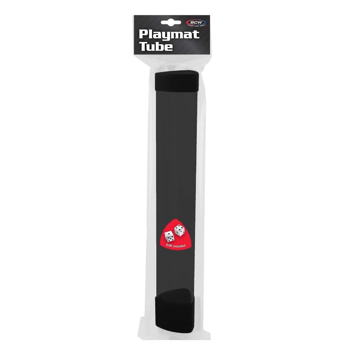 Opaque smoke-colored BCW Playmat tube with dice cap inside packaging