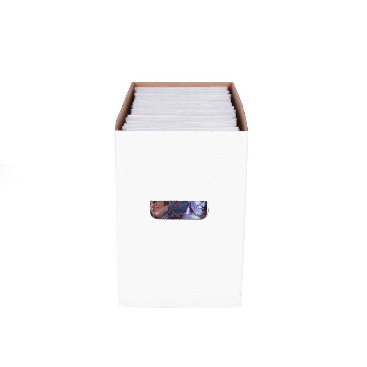BCW Short Comic Box, lid removed and full of comics, short side front view