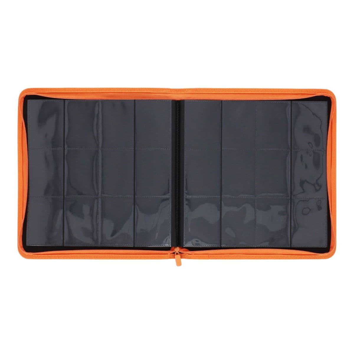 Z-Folio 12-Pocket Album - Orange, opened and empty, showcasing the easy-flip pages for quick viewing.