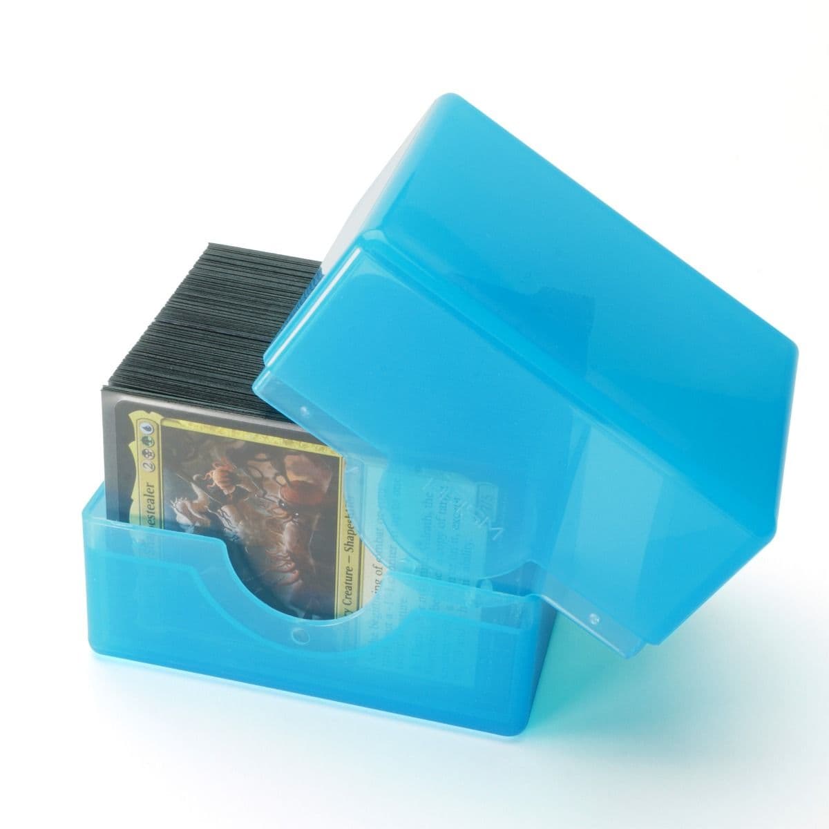 Spectrum Electric Blue Prism deck case with a Magic the Gathering commander deck inside