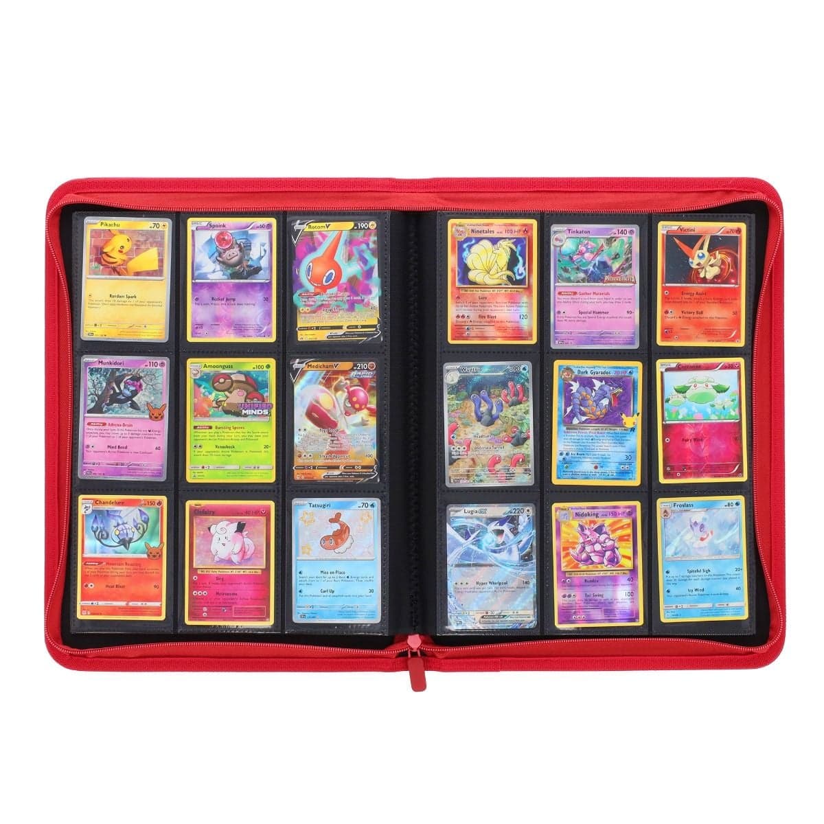 BCW Z-Folio 9-Pocket Album - Red, inside view of middle fold of binder, full of pokemon cards to showcase it's storage capabilities