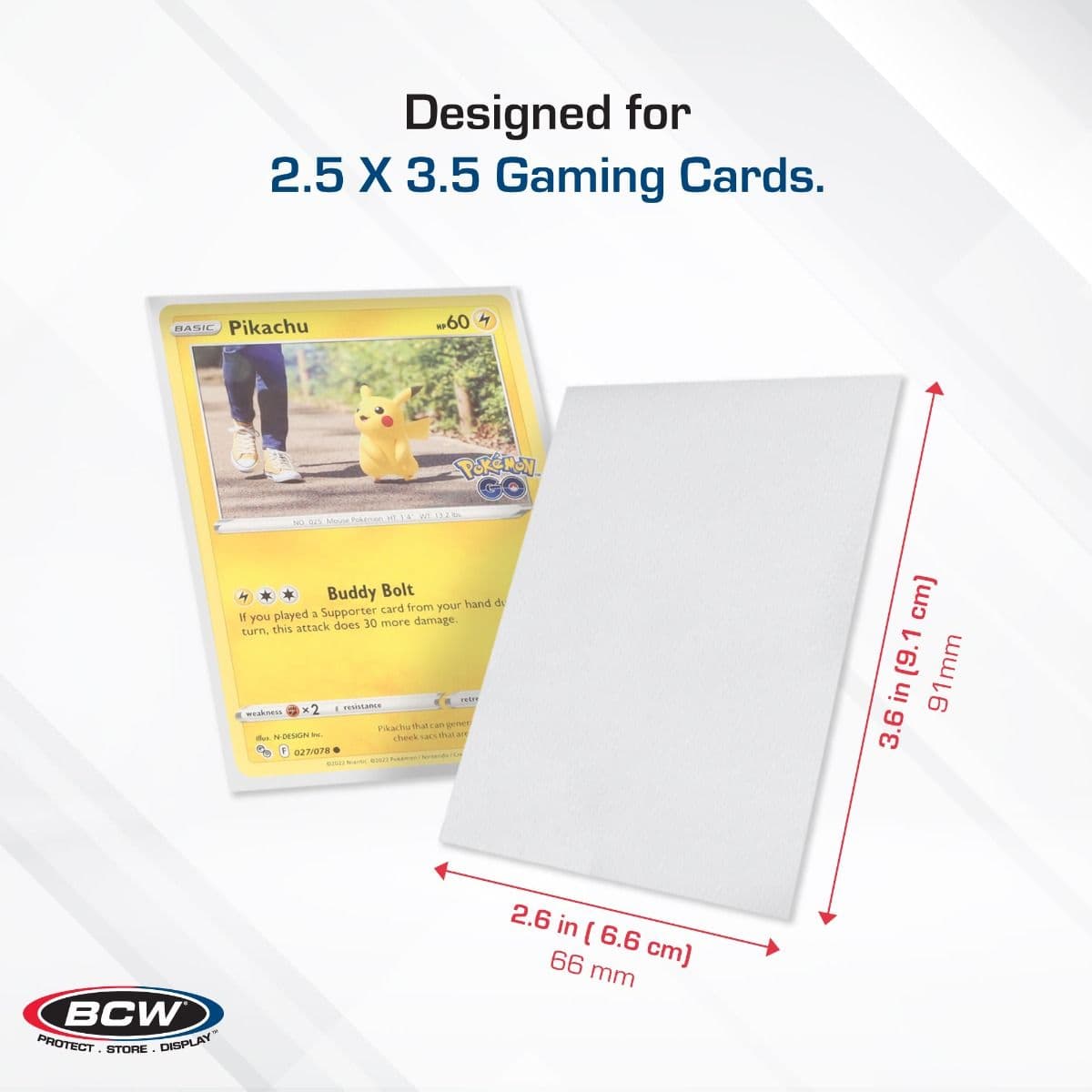BCW Deck Guard - Double Matte - White infographic, specs and measurements, Designed for 2 1/2" x 3 1/2" Gaming Cards.