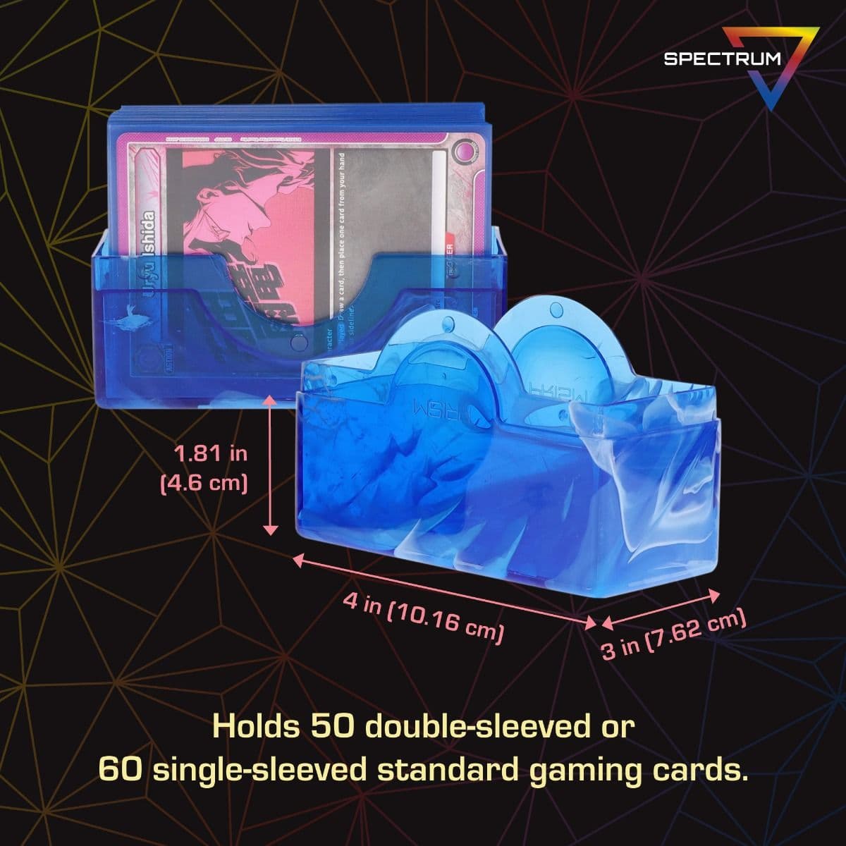 Spectrum Prism Deck Case - 50 CT - Apatite Blue infographic, Holds 50 double-sleeved or 60 single-sleeved standard sized gaming cards.