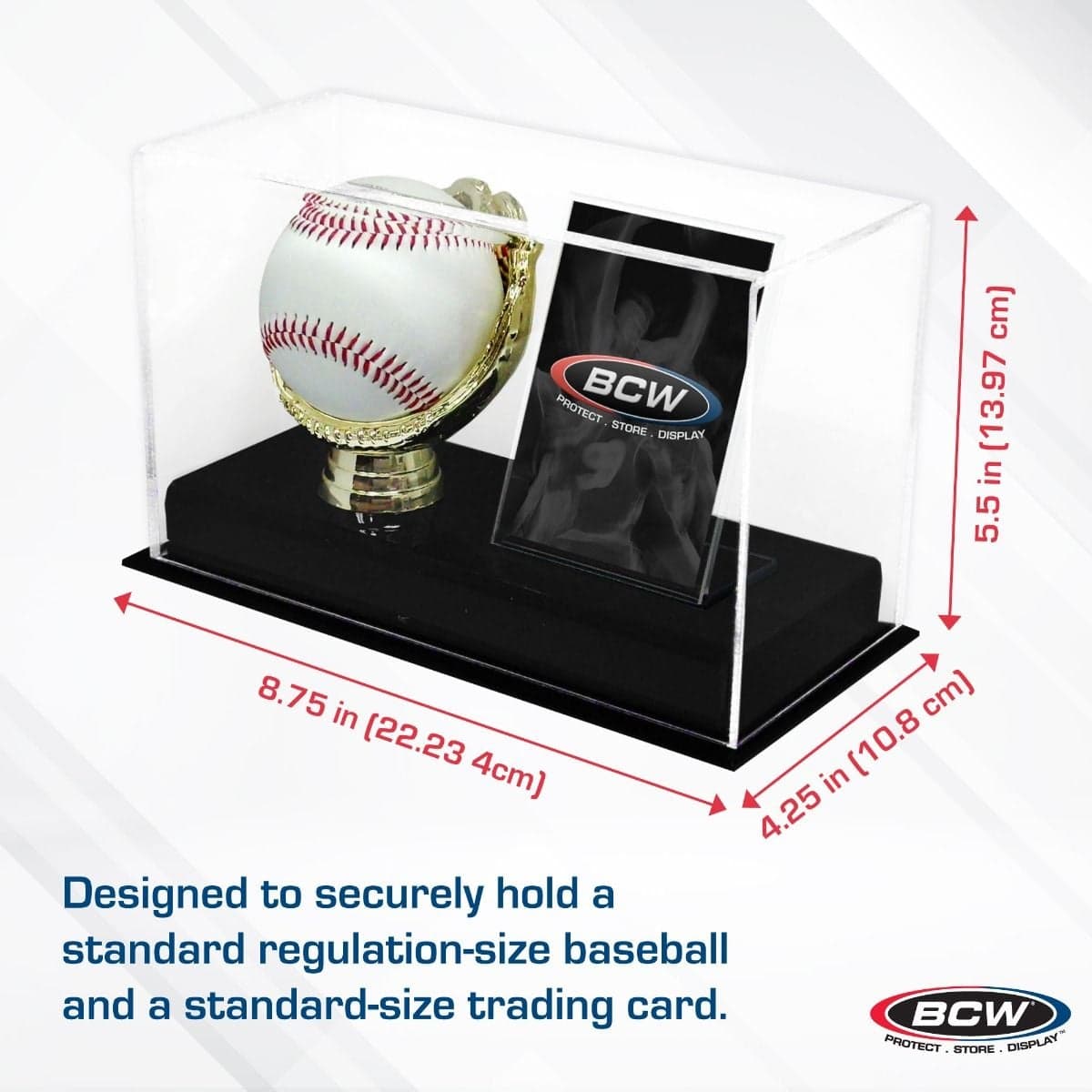 BCW Acrylic Gold Glove Ball and Card Display infographic, specs and dimensions