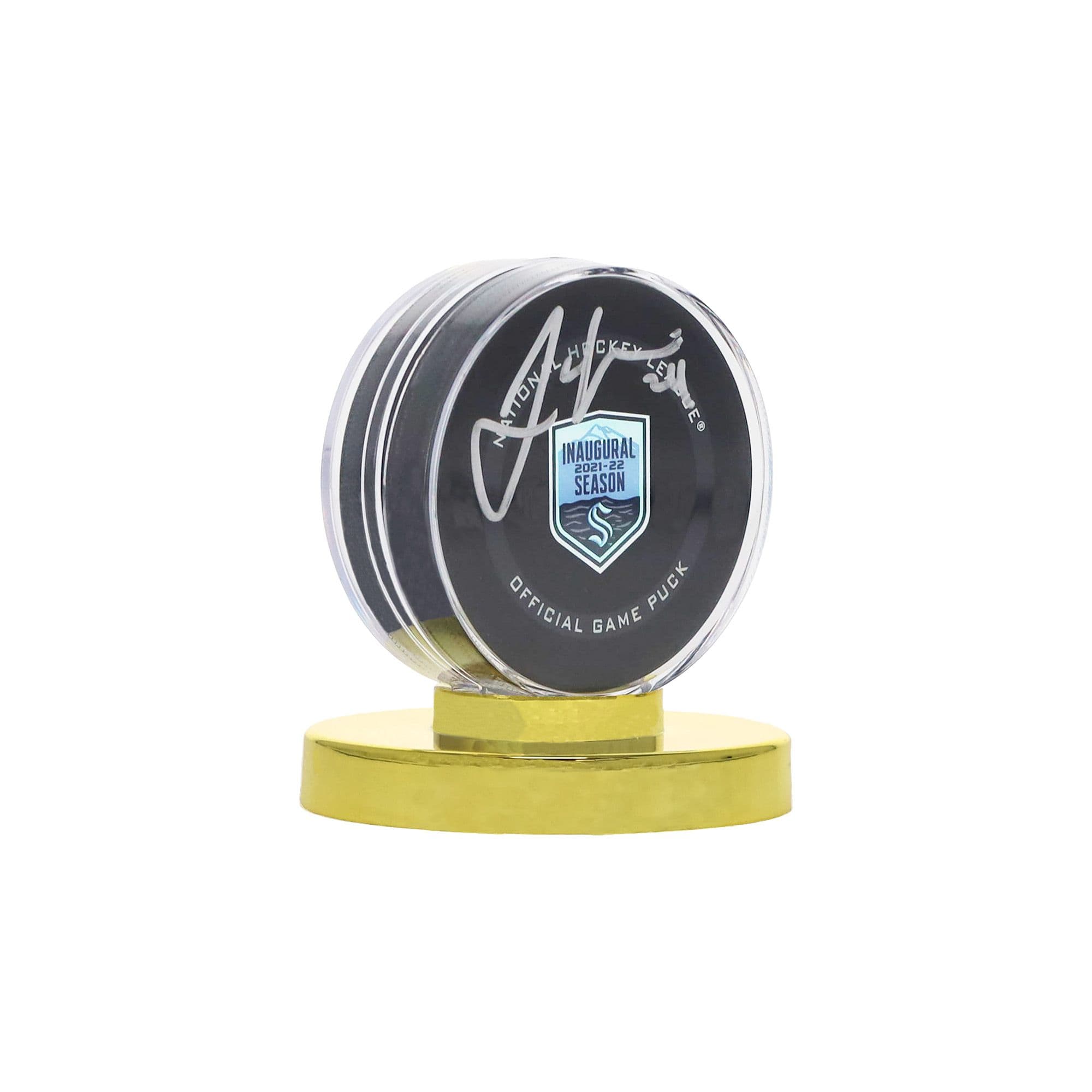 BCW Gold Base Puck Holder with puck inside angle