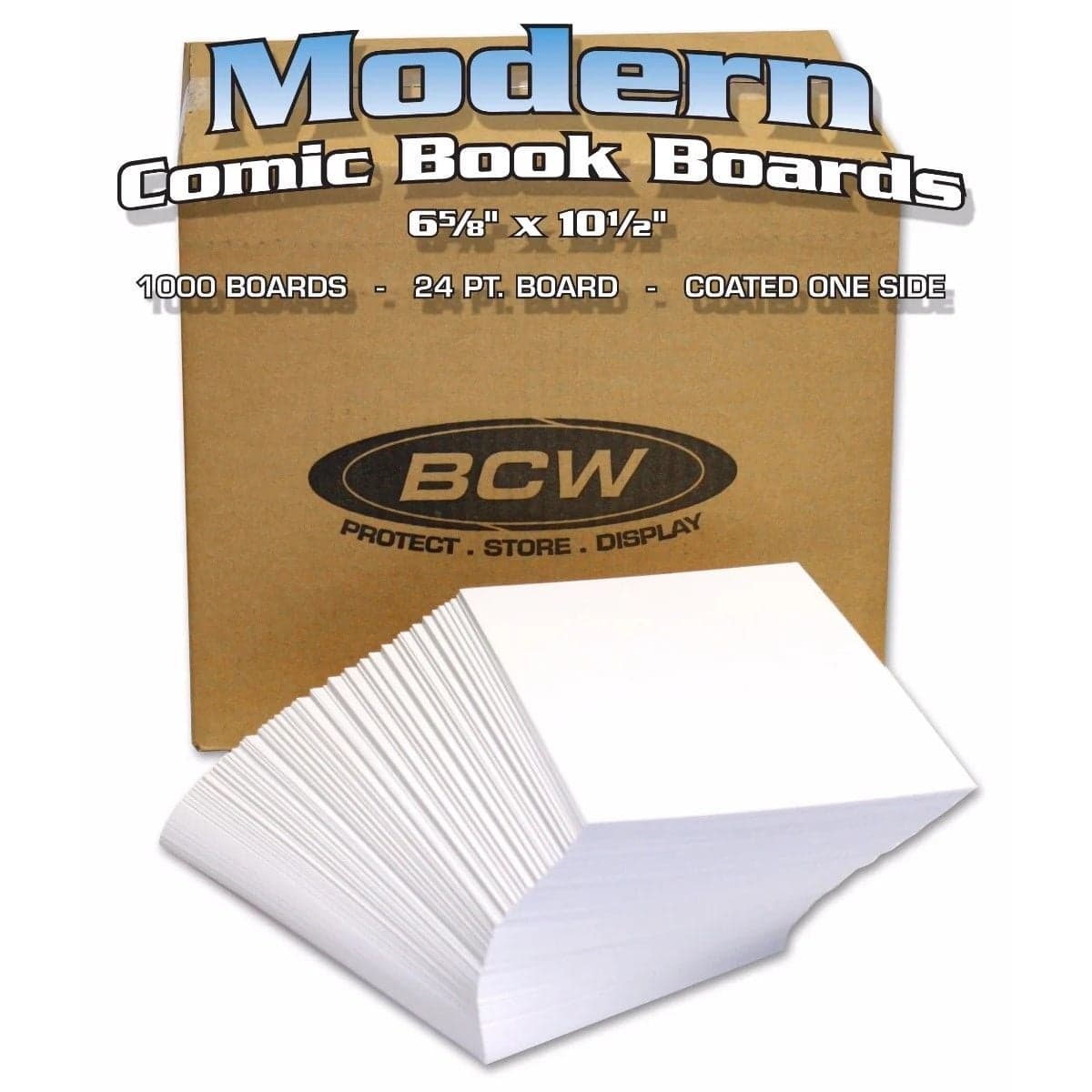 Stack of BCW Mordern Comic Boards in front of cardboard box with superimposed text "Modern Comic Book Boards, 6 5/8" by 10 1/2", 1000 boards, 24 point board, coated one side"