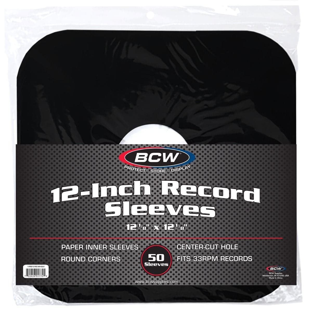 BCW 12 Inch Record Paper Inner Sleeves - Round Corners - With Hole - Black, packaging, 50 sleeves per pack