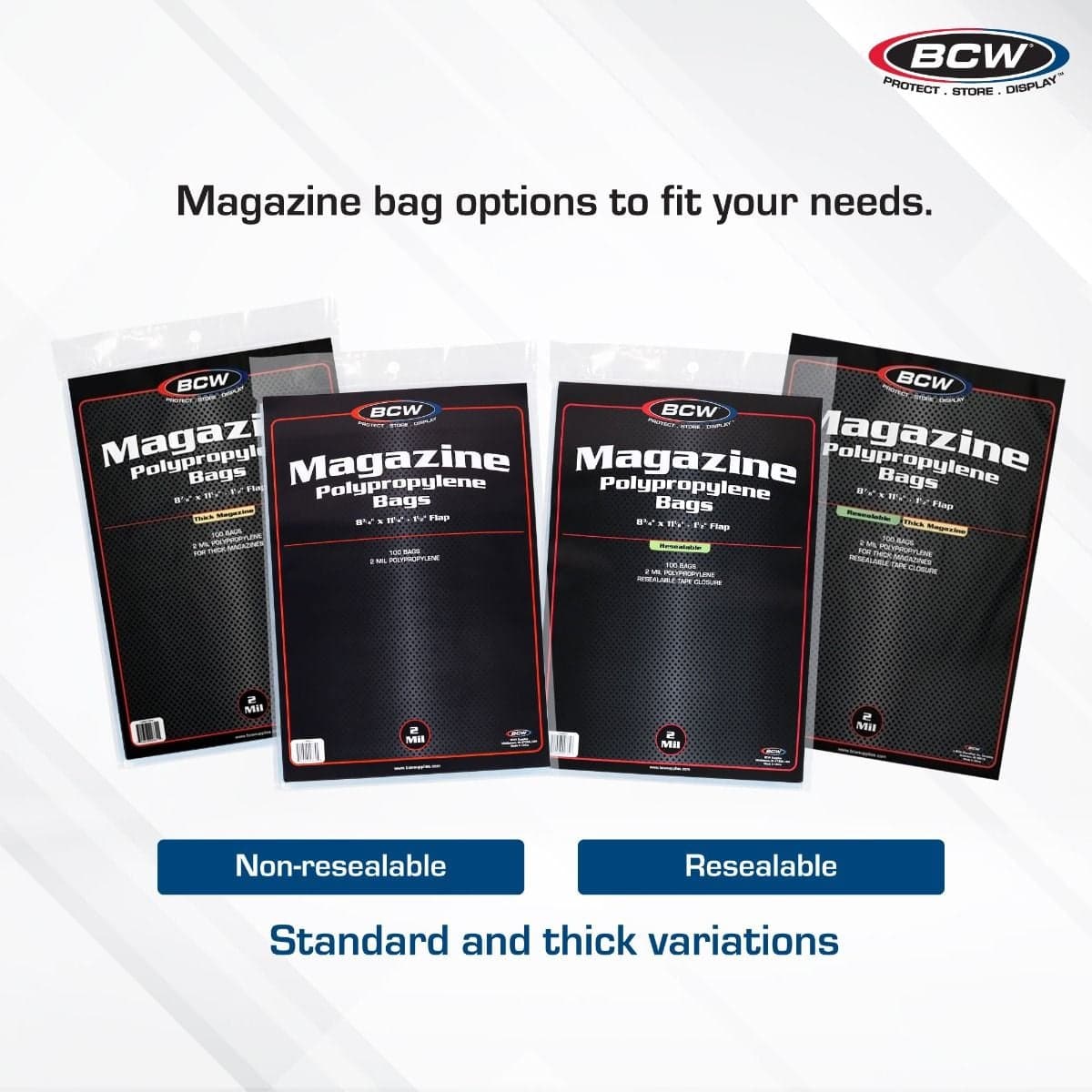 Infographic: BCW resealable and non-resealable magazine polypropylene bags are available in standard and thick variations to meet different collectible storage and protection needs.