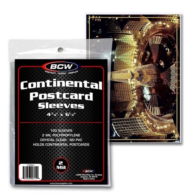 BCW Continental Postcard Sleeve behind package of BCW Continental Postcard Sleeves