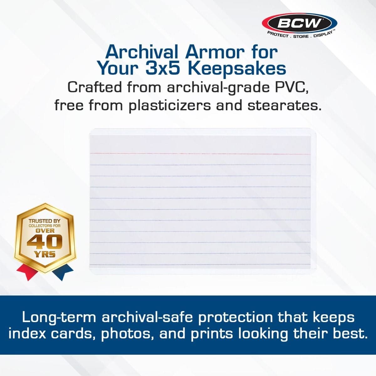 Infographic: BCW 3" x 5" toploader protecting a lined index card with text highlighting archival-grade rigid PVC construction free from plasticizers and stearates for long-term safe storage of index cards, photos, and prints, plus a Trusted by Collectors