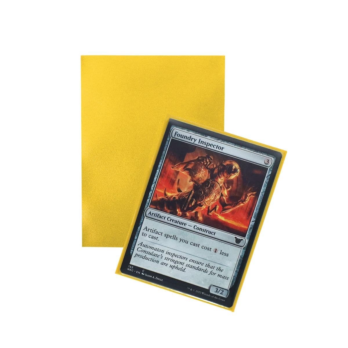 Iridian Matte Sleeves - yellow. fits standard cards. 100 per pack. back of sleeve with mtg tcg card in sleeve