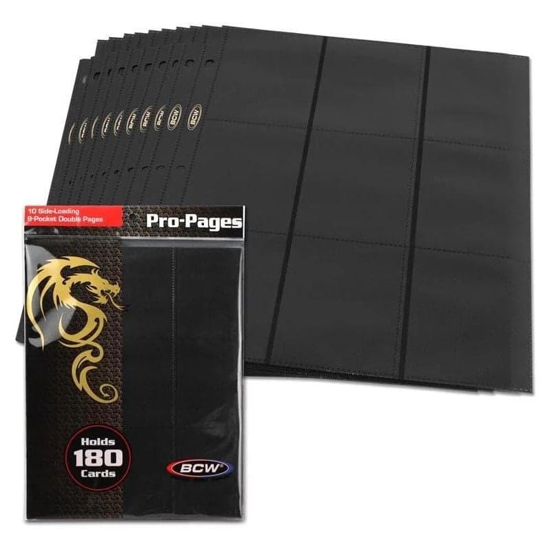 Pack of BCW black 18-pocket pages over spread of several pages