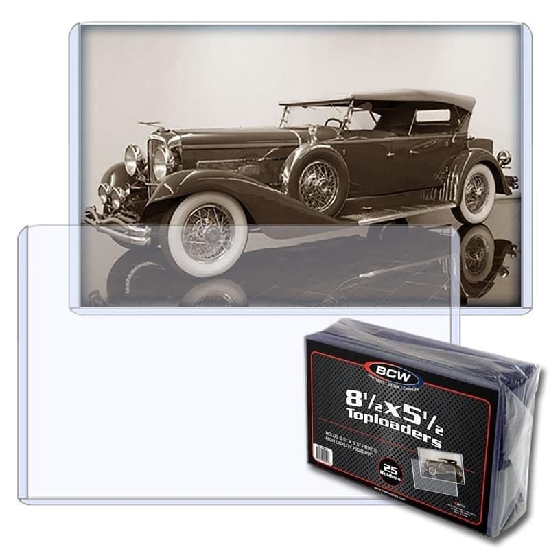 Two BCW 8.5 by 5.5 inch Topload Holders behind package of BCW 8.5 by 5.5 inch Topload Holders