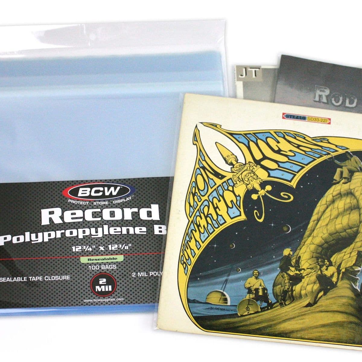 Several records inside BCW Resealable 33 RPM Record Bags next to package of BCW Resealable 33 RPM Record Bags