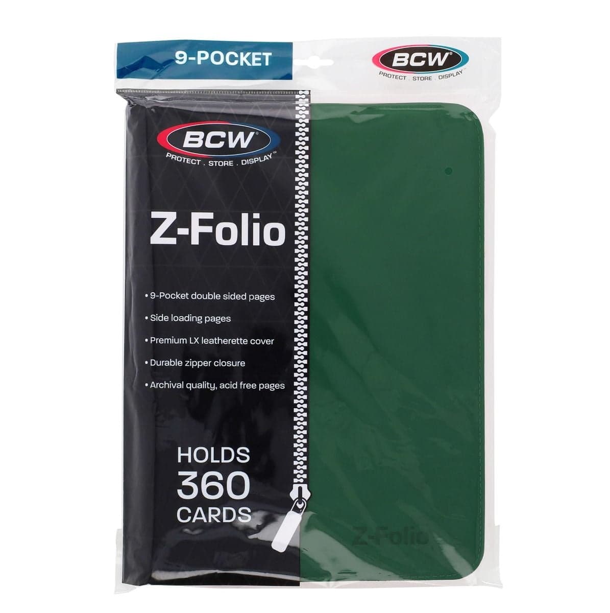 BCW Z-Folio 9-Pocket Album - Green, front of packaging with binder enclosed.