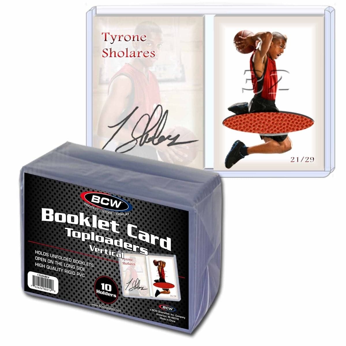 Pack of BCW vertical booklet card toploaders over a toploader with card