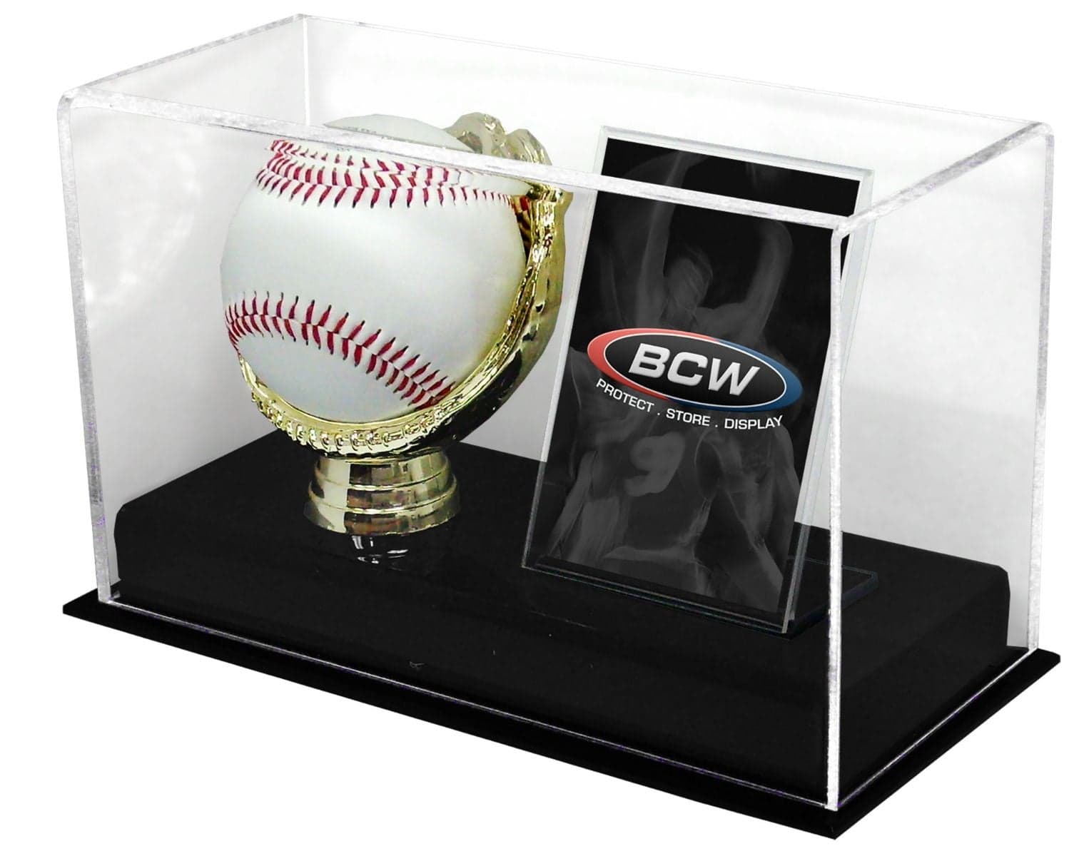 BCW Acrylic Gold Glove Ball and Card Display with baseball in glove