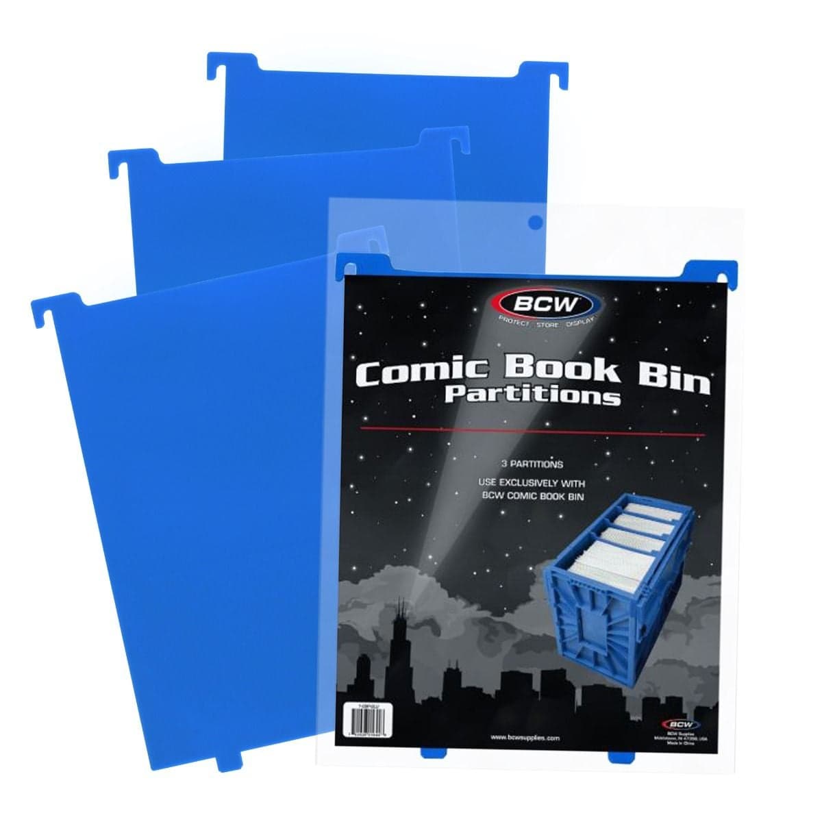 BCW Comic Book Bin Partitions - Blue packaging in front of 3 fanned out partitions, 3 per pack
