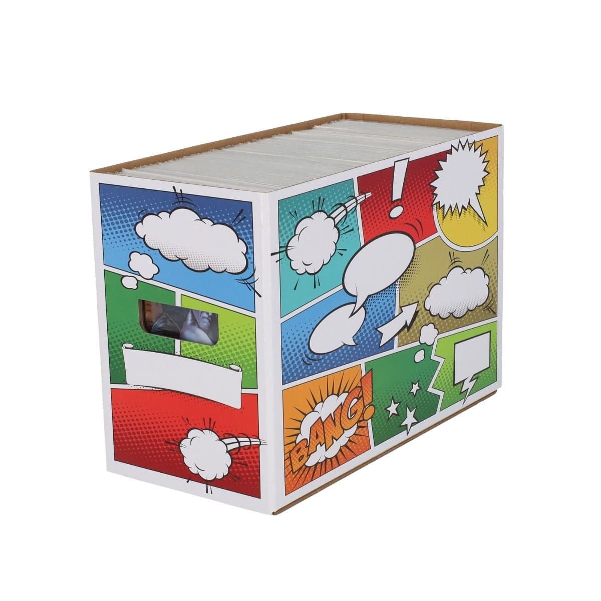 BCW short comic bow with comic-themed artwork. angled view, filled with comics, no lid