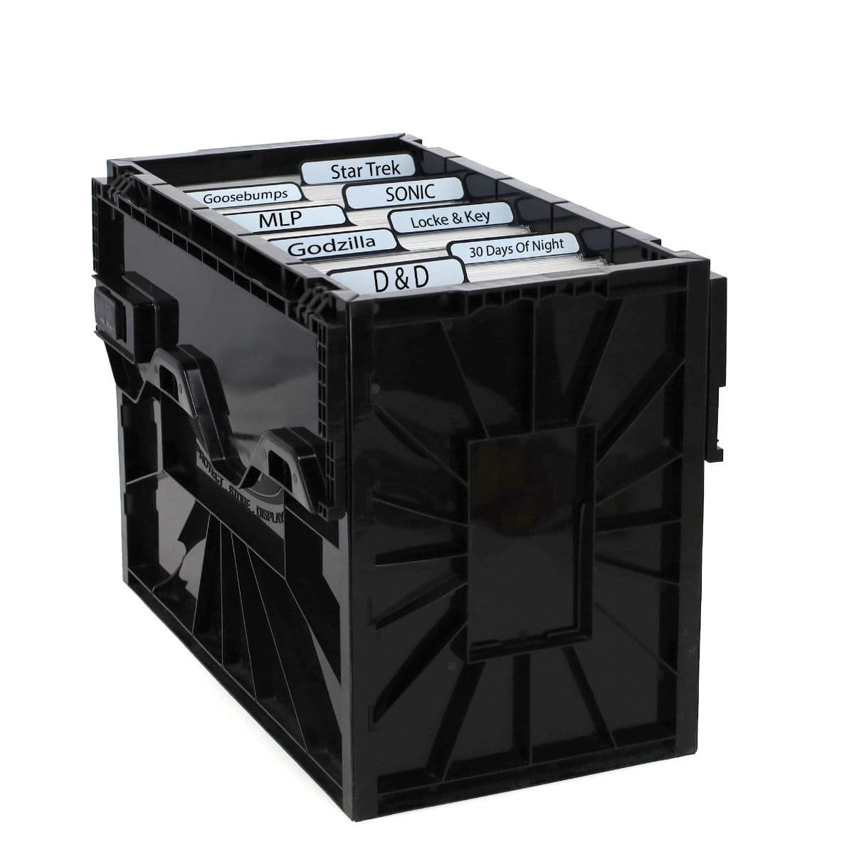 BCW Comic Book Dividers - Black, on display in a BCW Short Comic Book Bin