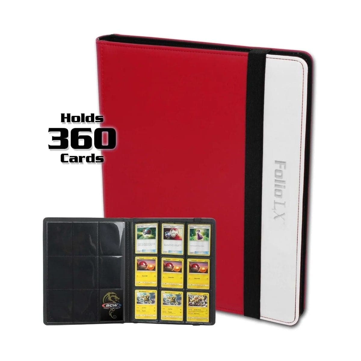 One BCW 9 pocket folio that looks like a standard Pokeball with a smaller image of the folio open with cards inside.