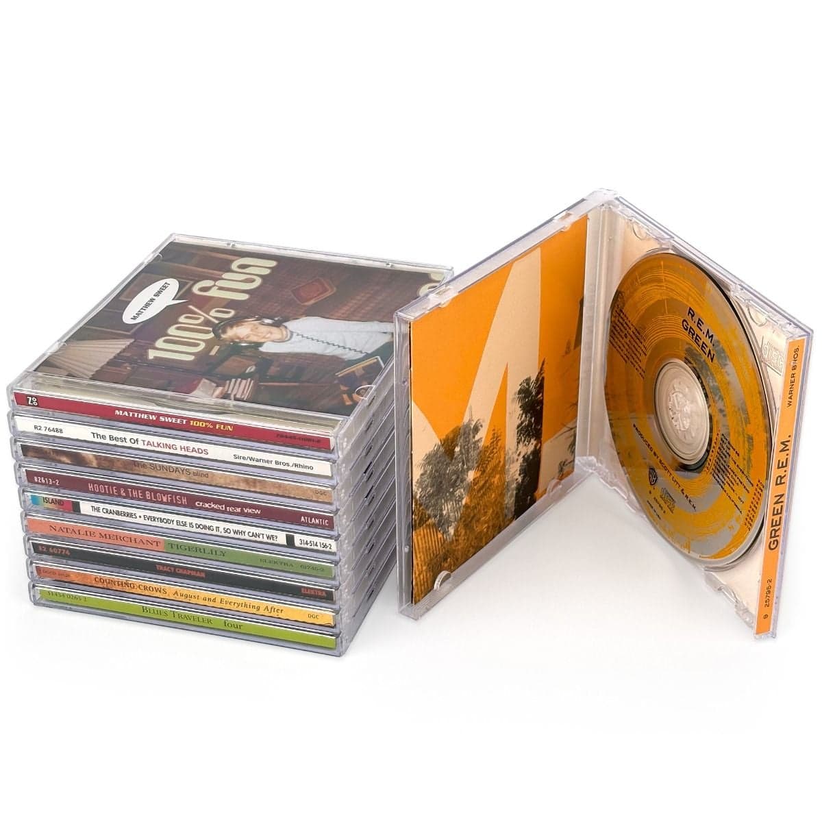 BCW CD Jewel Cases - 10 Pack. 10 stacked, with cds and covers inserted, one to the side and opened