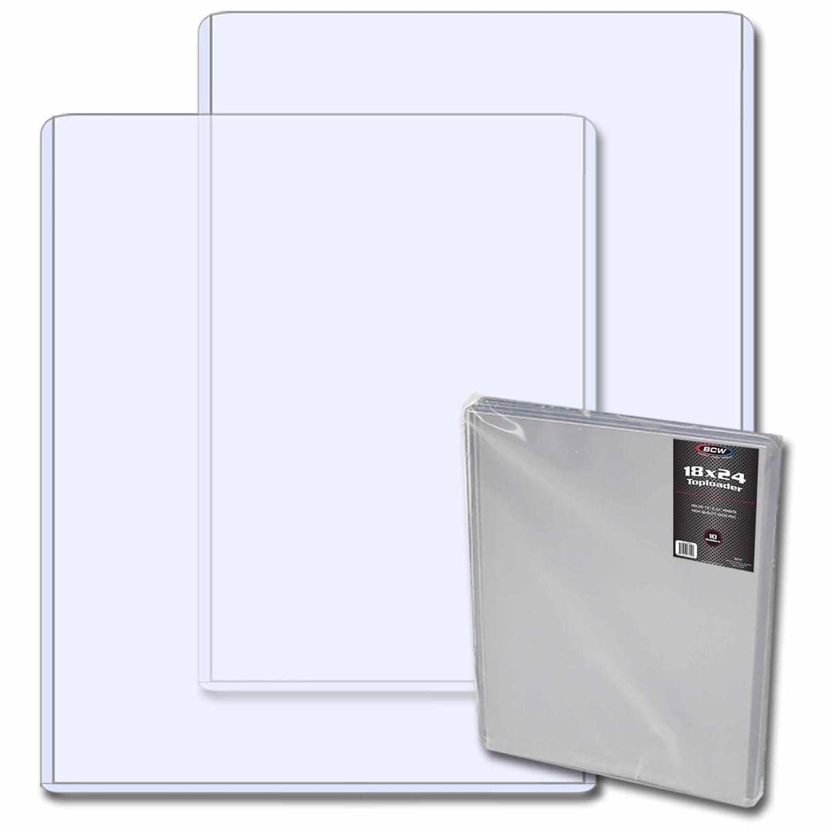 Two BCW 18x24 - Topload Holders behind package of BCW 18x24 - Topload Holders.