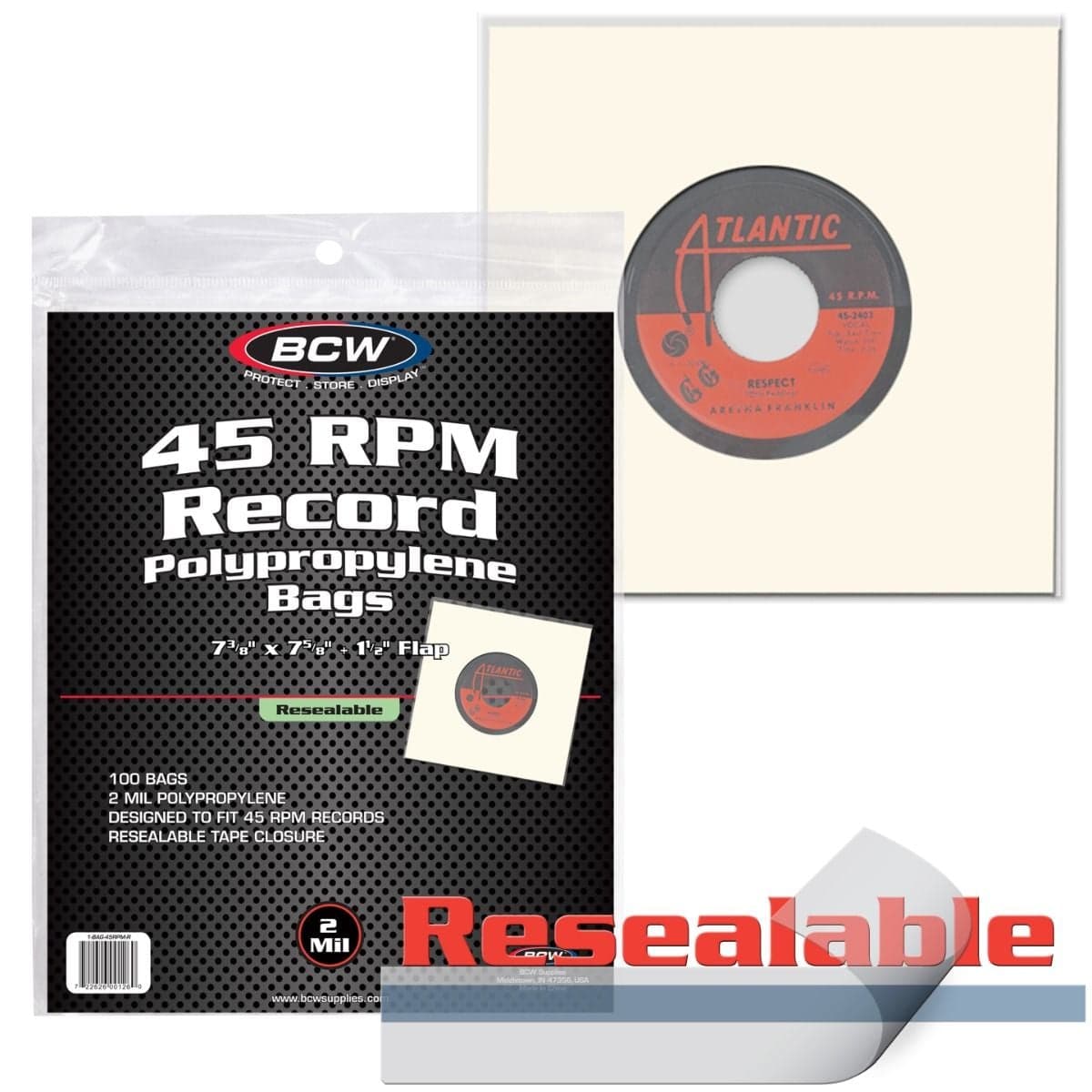 Package of BCW Resealable 45 RPM Record Bags on top of record in bag