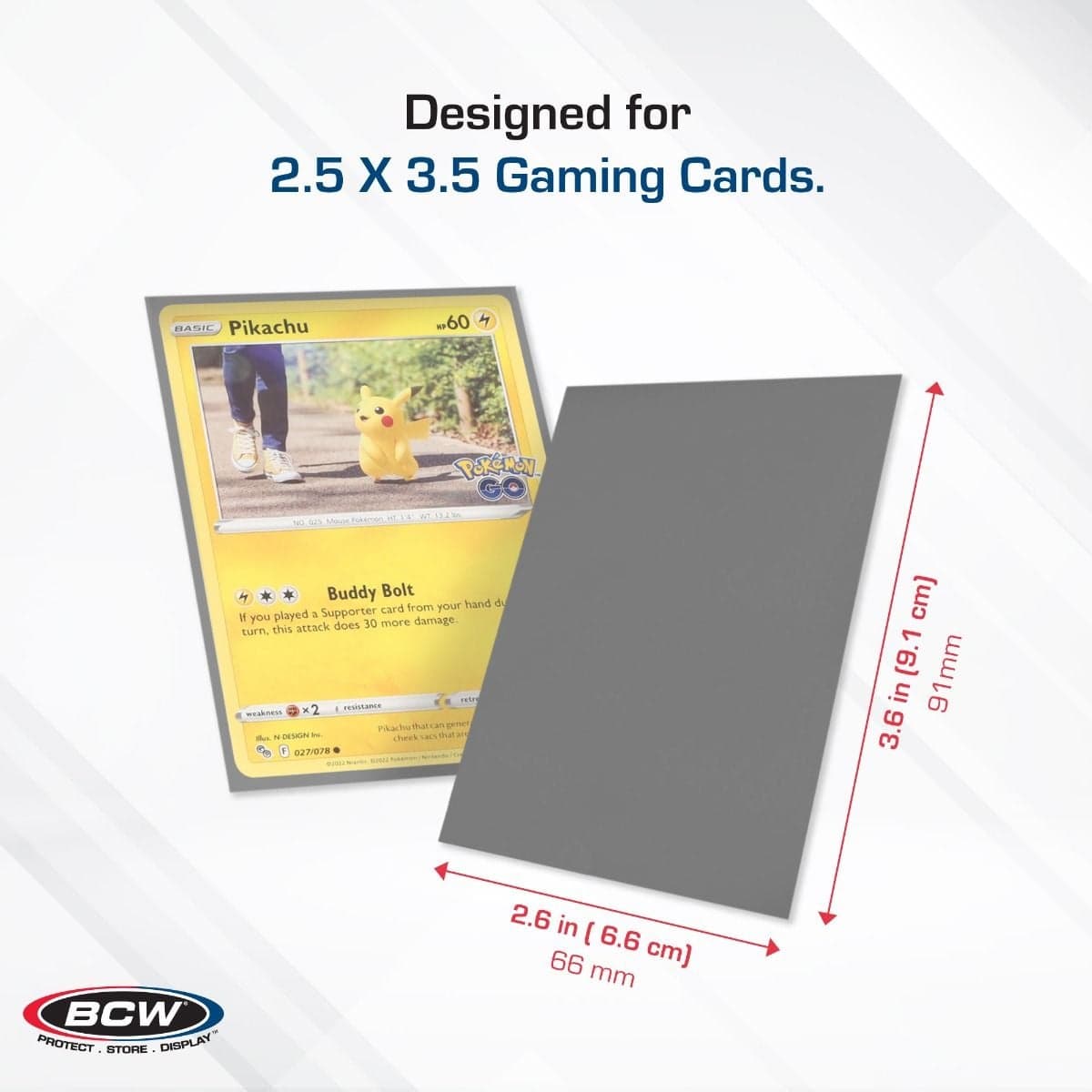 BCW Deck Guard - Double Matte - Gray infographic, specs and measurements, Designed for 2 1/2" x 3 1/2" Gaming Cards.