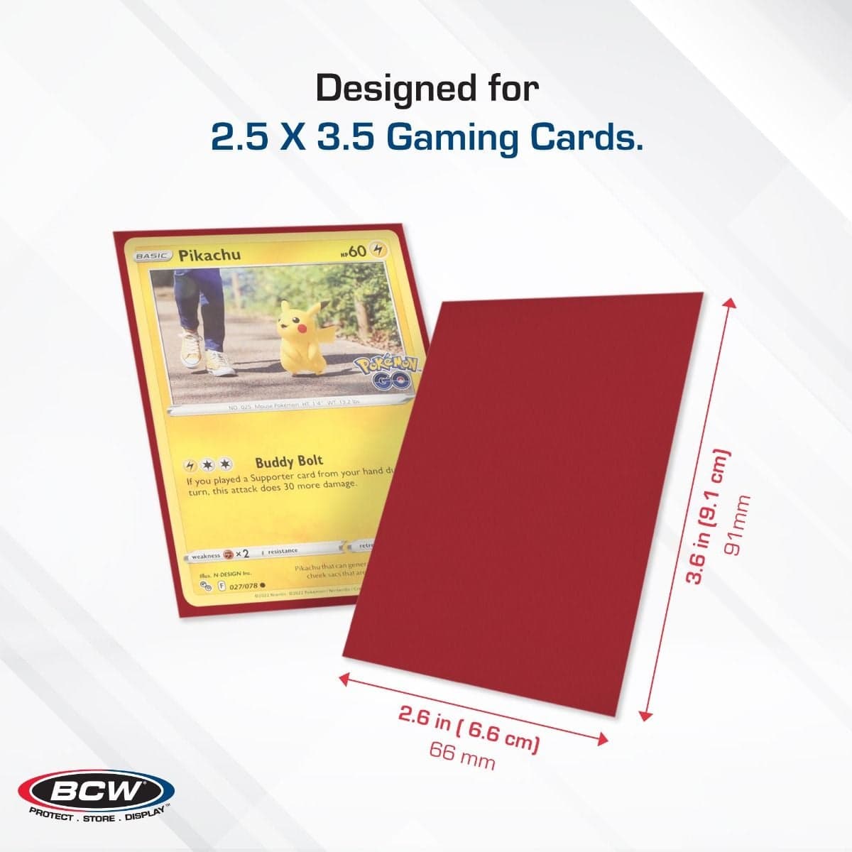BCW Deck Guard - Double Matte - Red infographic, specs and measurements, Designed for 2 1/2" x 3 1/2" Gaming Cards.