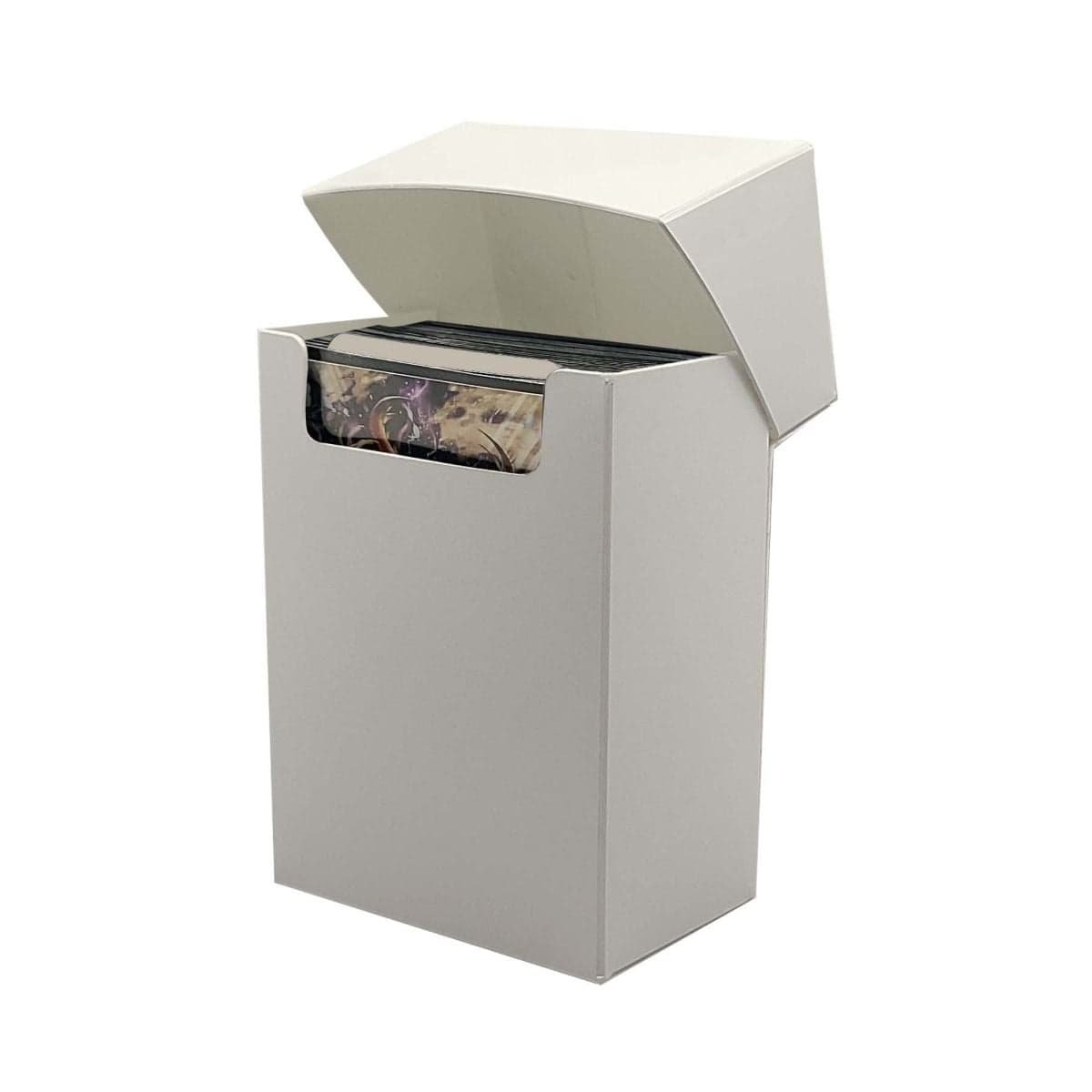 Open Spectrum white Japanese small card deck case. The image has the top of the case open and shows cards inside.