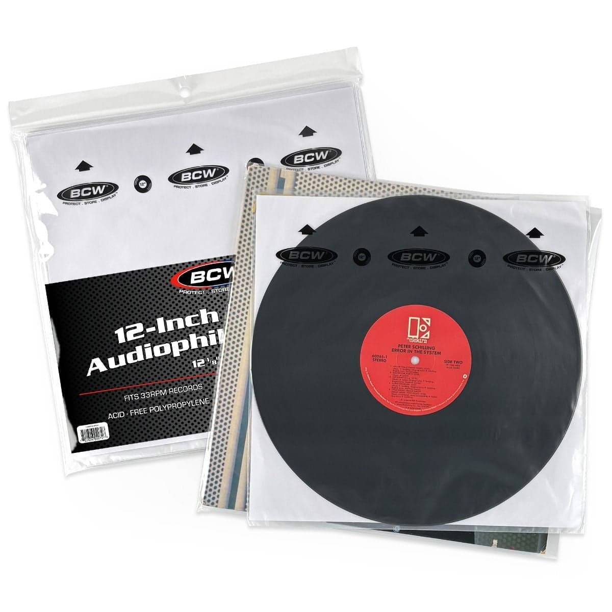 BCW 12-Inch Record Audiophile Inner Sleeves, sleeved record on top of record jacket and pack of inner sleeves