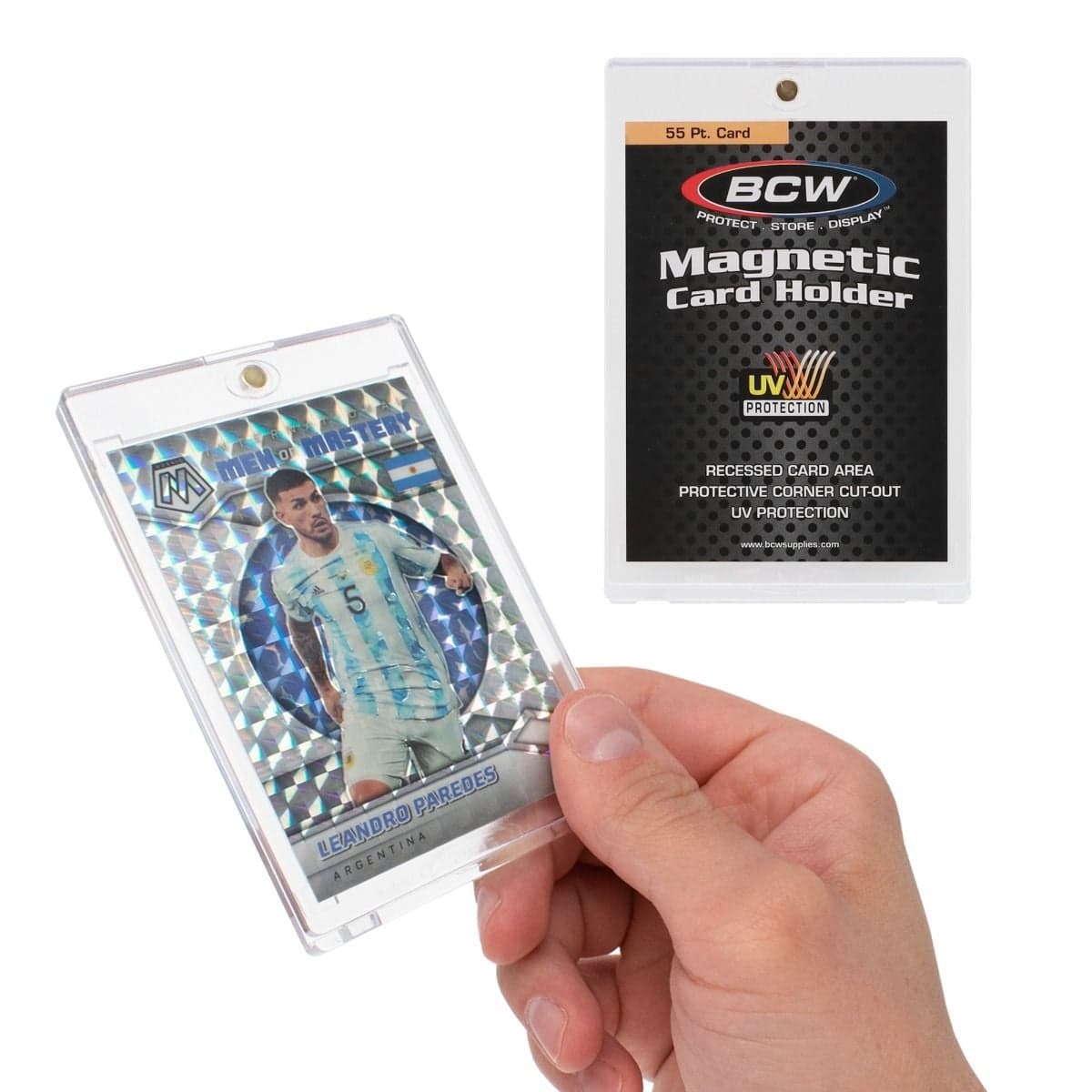 hand holding BCW 55 point magnetic card holder with card inside, with empty holder displayed