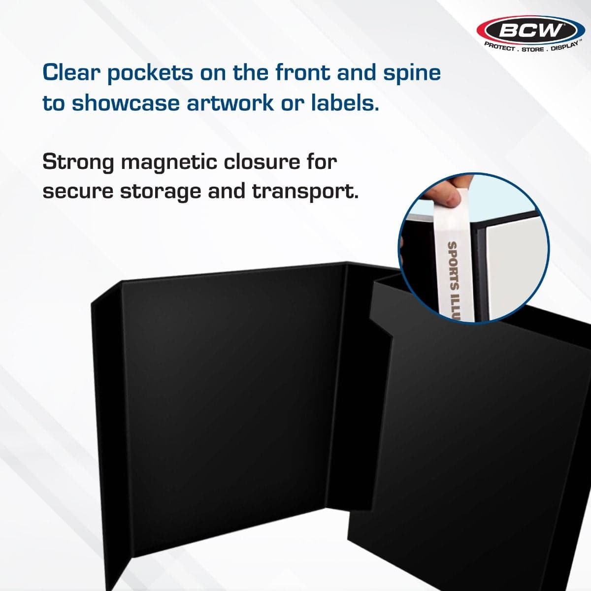 Infographic: BCW StorFolio binder opened to show its magnetic closure and clear front and spine pockets, highlighting customizable cover artwork, spine labels, and secure storage for magazines, gaming books, and manuals.