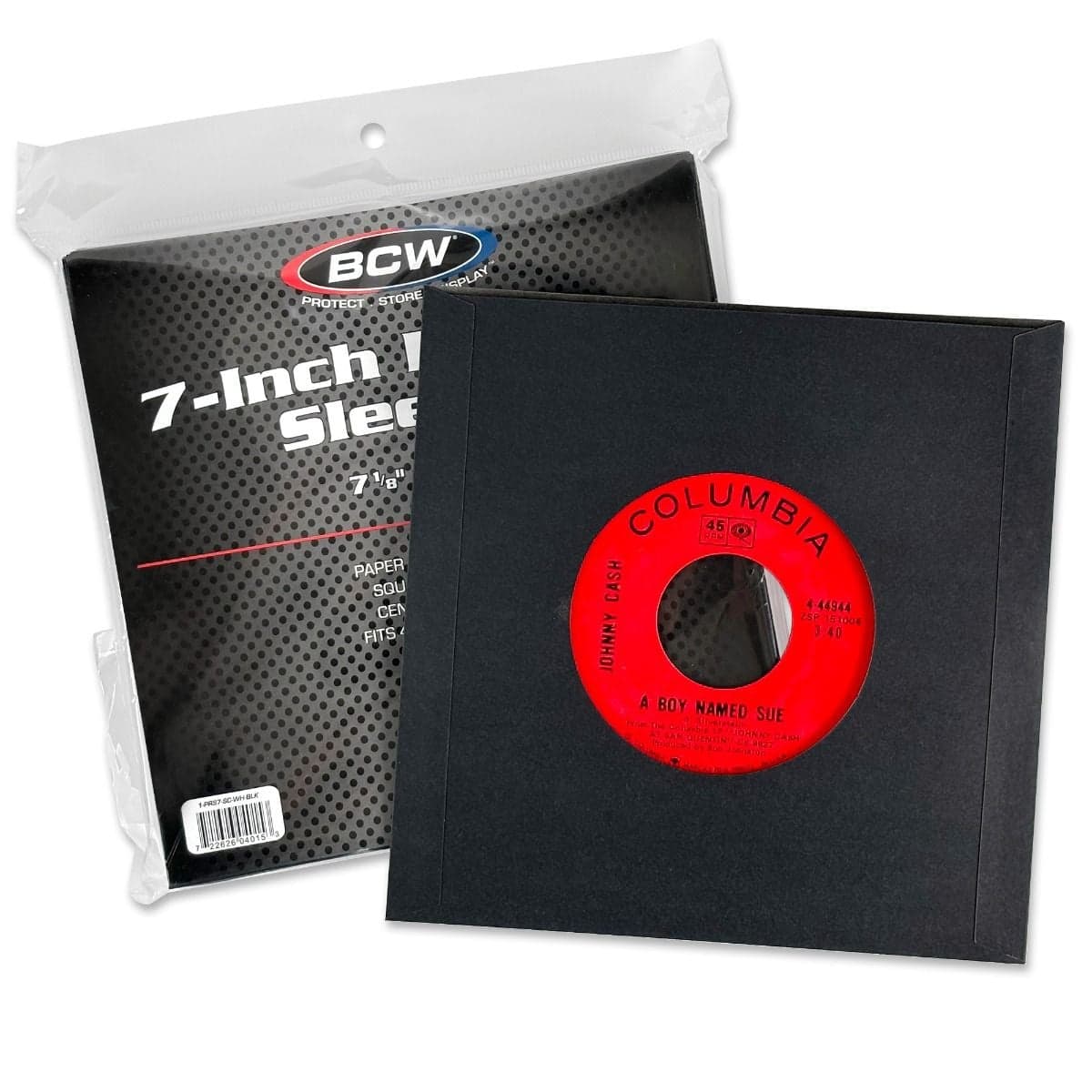 7 Inch Record Paper Inner Sleeves - Square Corners - With Hole - Black group packaging with record in sleeve