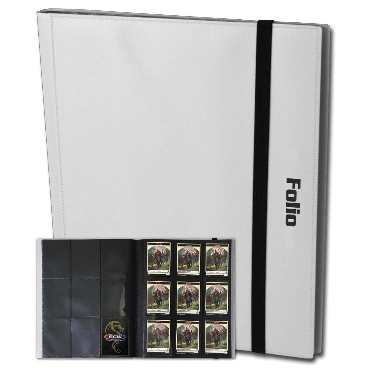 One white BCW 9 pocket folio with a smaller image of the folio open with cards inside.