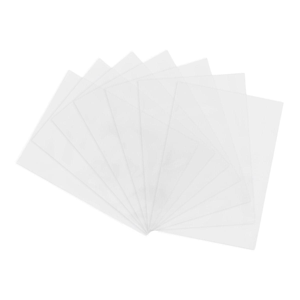 Fan of crystal-clear BCW 2 Mil Thick Card Sleeves displayed to showcase the transparent, acid-free material designed to protect thick trading cards.