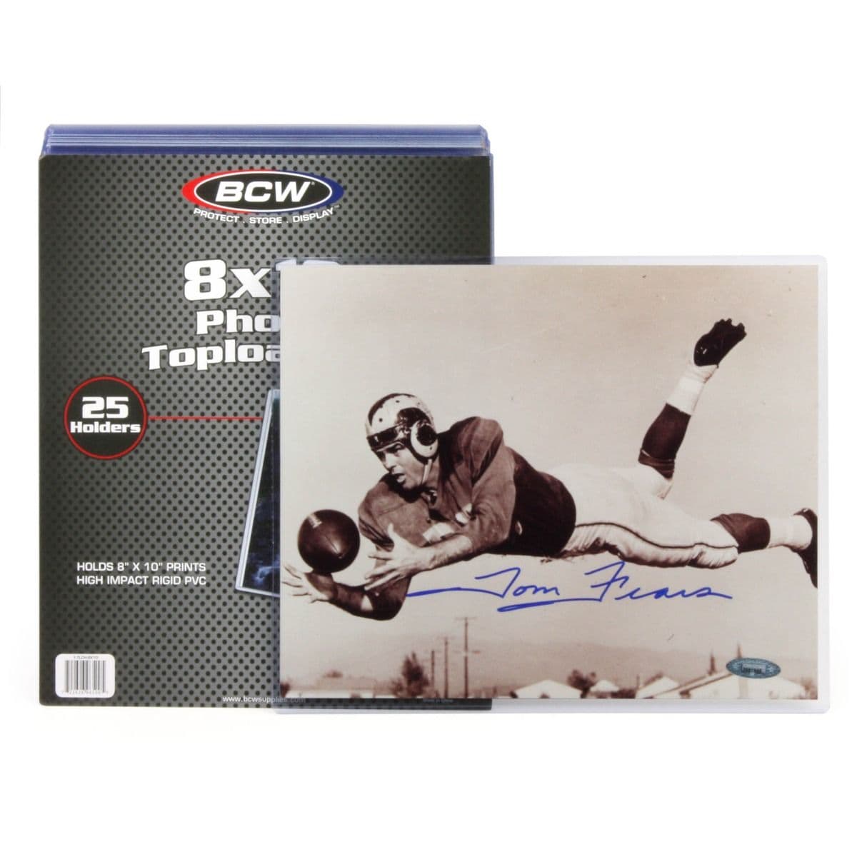 BCW 8x10 - Topload Holder with print inside. In front of package of BCW 8x10 - Topload Holders