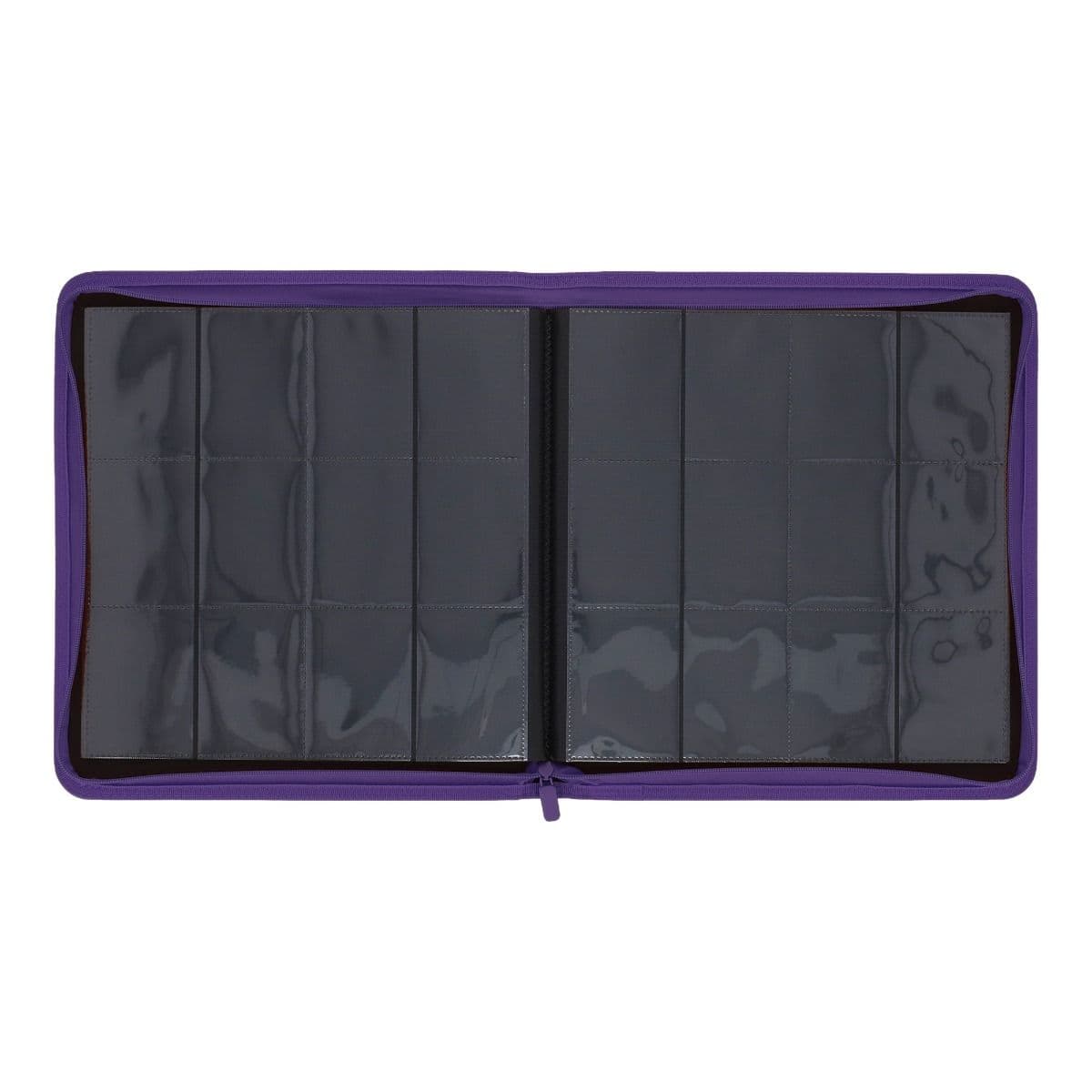 Z-Folio 12-Pocket Album - Purple, opened and empty, showcasing the easy-flip pages for quick viewing.