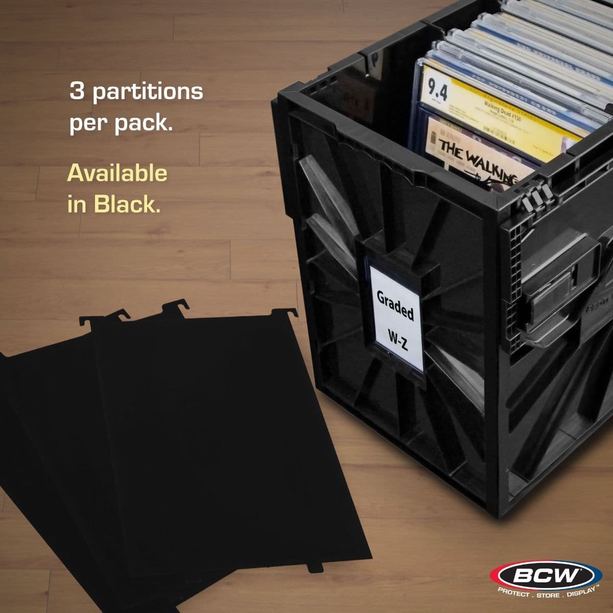 BCW Graded Comic Book Bin Partitions - Black infographic, 3 partitions per pack. Available in black.
