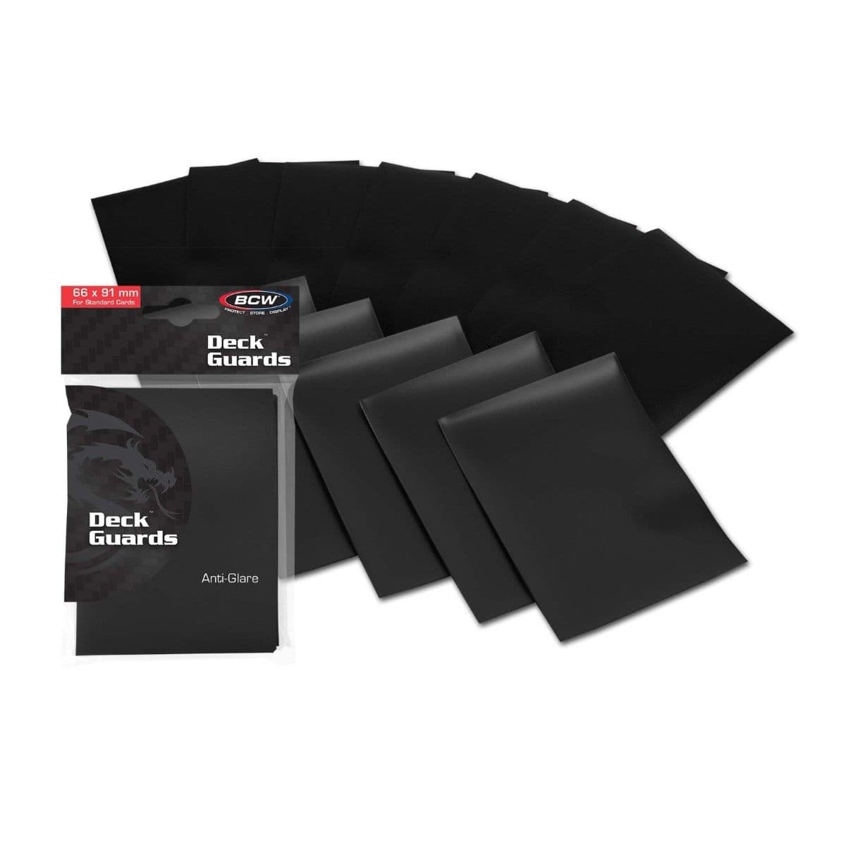 double matte deck guards - black. Fanned out with packaging in corner.