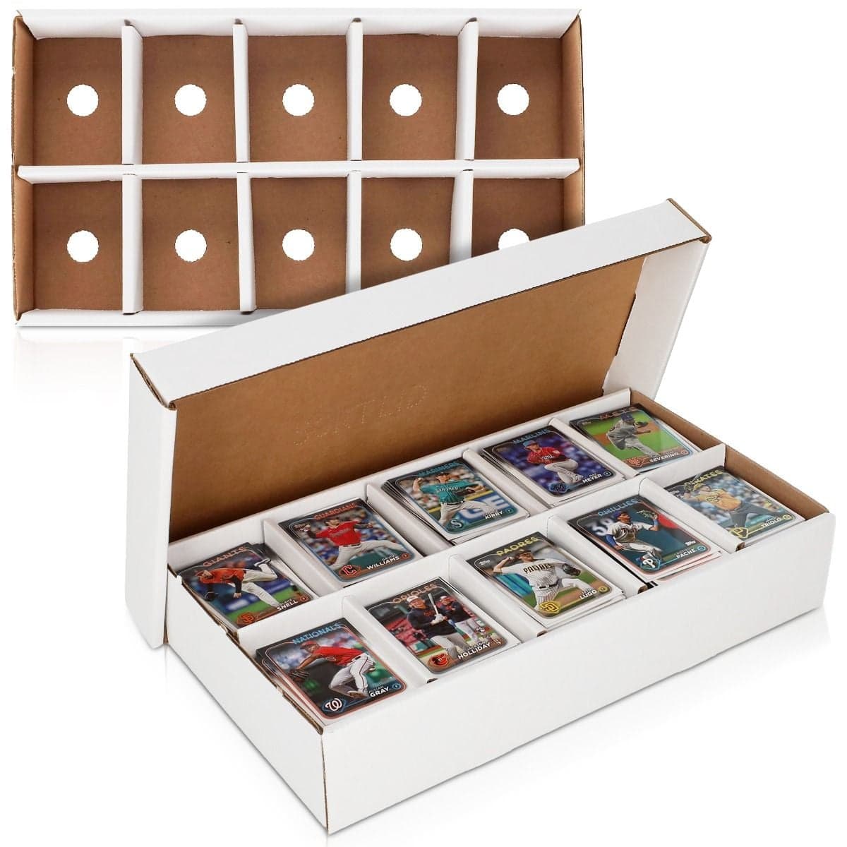 White cardboard sorting storage box shown open with ten divided compartments, each featuring a circular finger hole for easy card removal. The foreground image shows the box filled with stacks of trading cards organized by compartment, while the upper ima