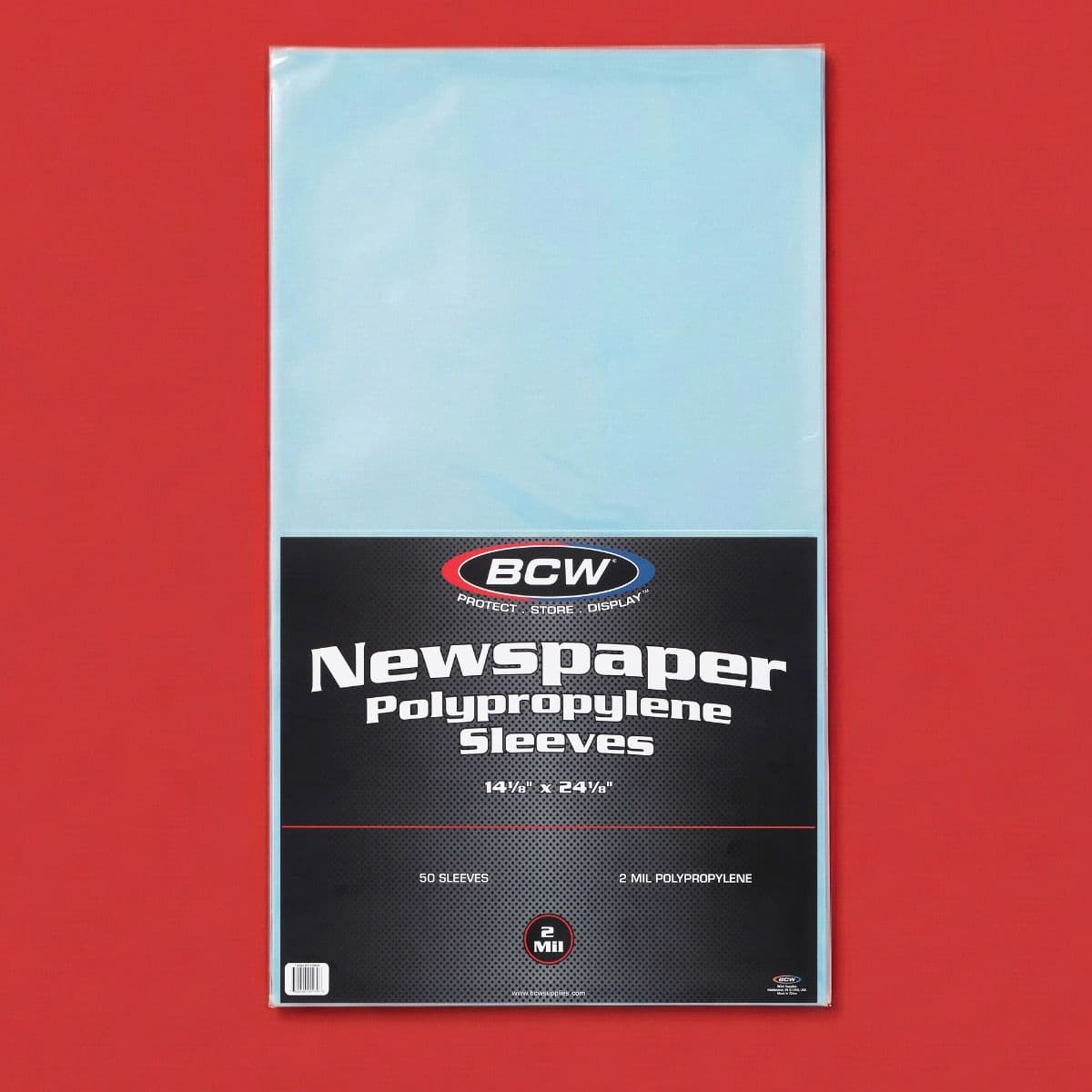 BCW 14 1/8 x 24 1/8 inch newspaper polypropylene sleeves in retail packaging designed for archival protection, storage, and display of collectible newspapers and prints.