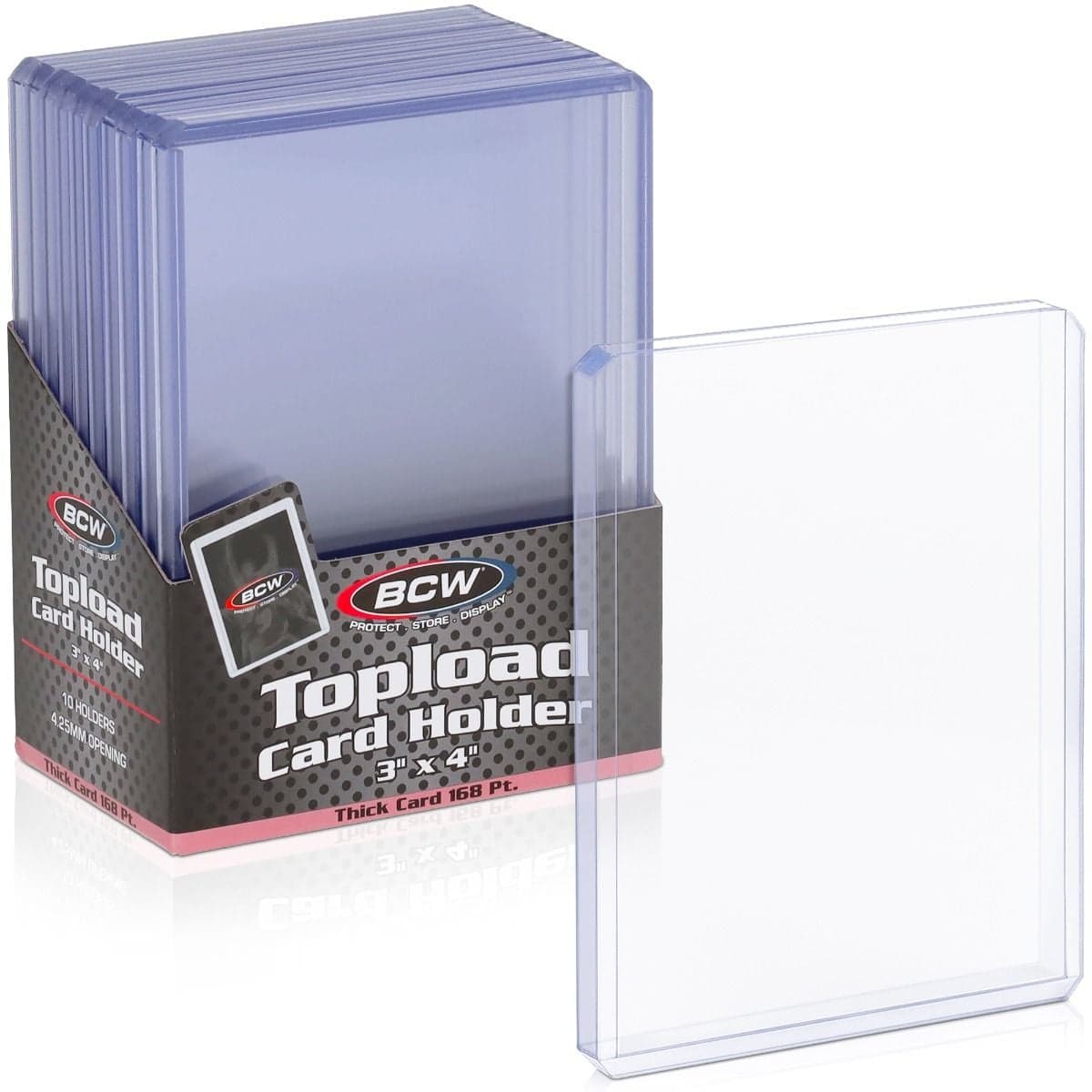 BCW 168 PT 3 x 4 thick toploader card holders in a retail pack with one crystal-clear rigid card holder displayed in front, designed for extra-thick trading cards up to 168 point.
