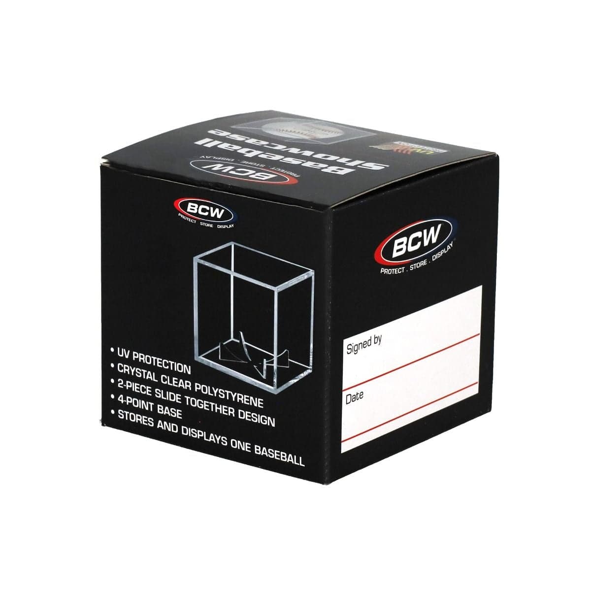 BCW Baseball Showcase. Crystal clear built in stand base. Packaging back