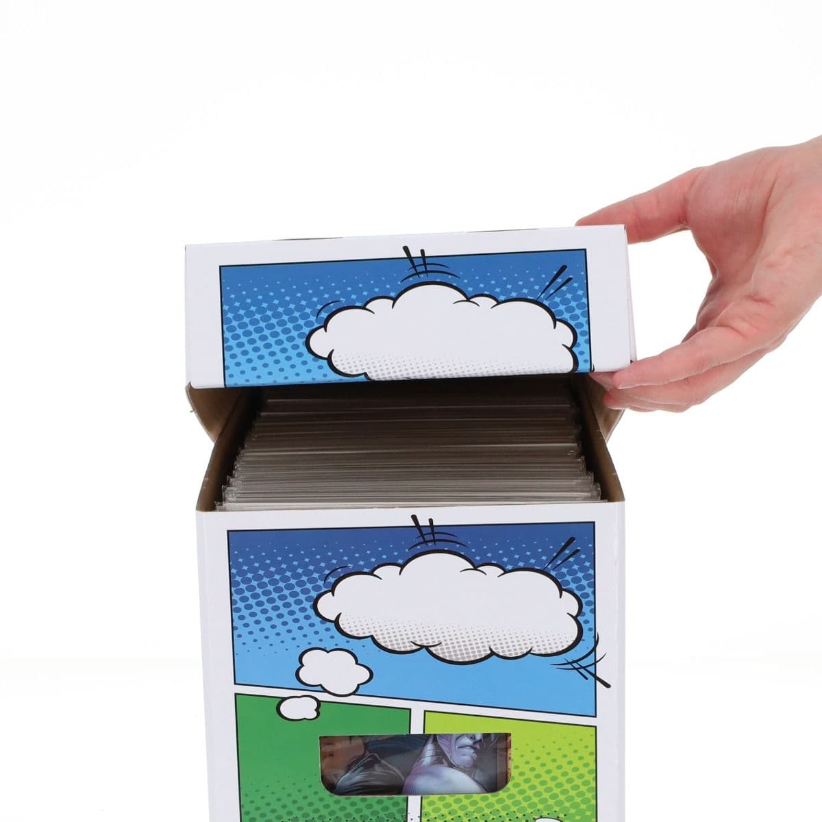 BCW short comic bow with comic-themed artwork. lifting removable lid