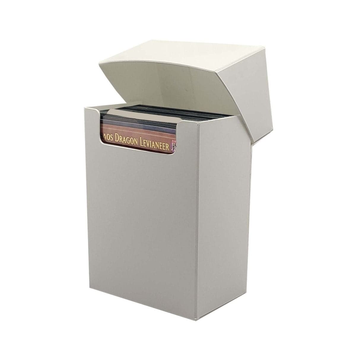 Open Spectrum white Japanese small card deck case. The image has the top of the case open and shows cards inside.