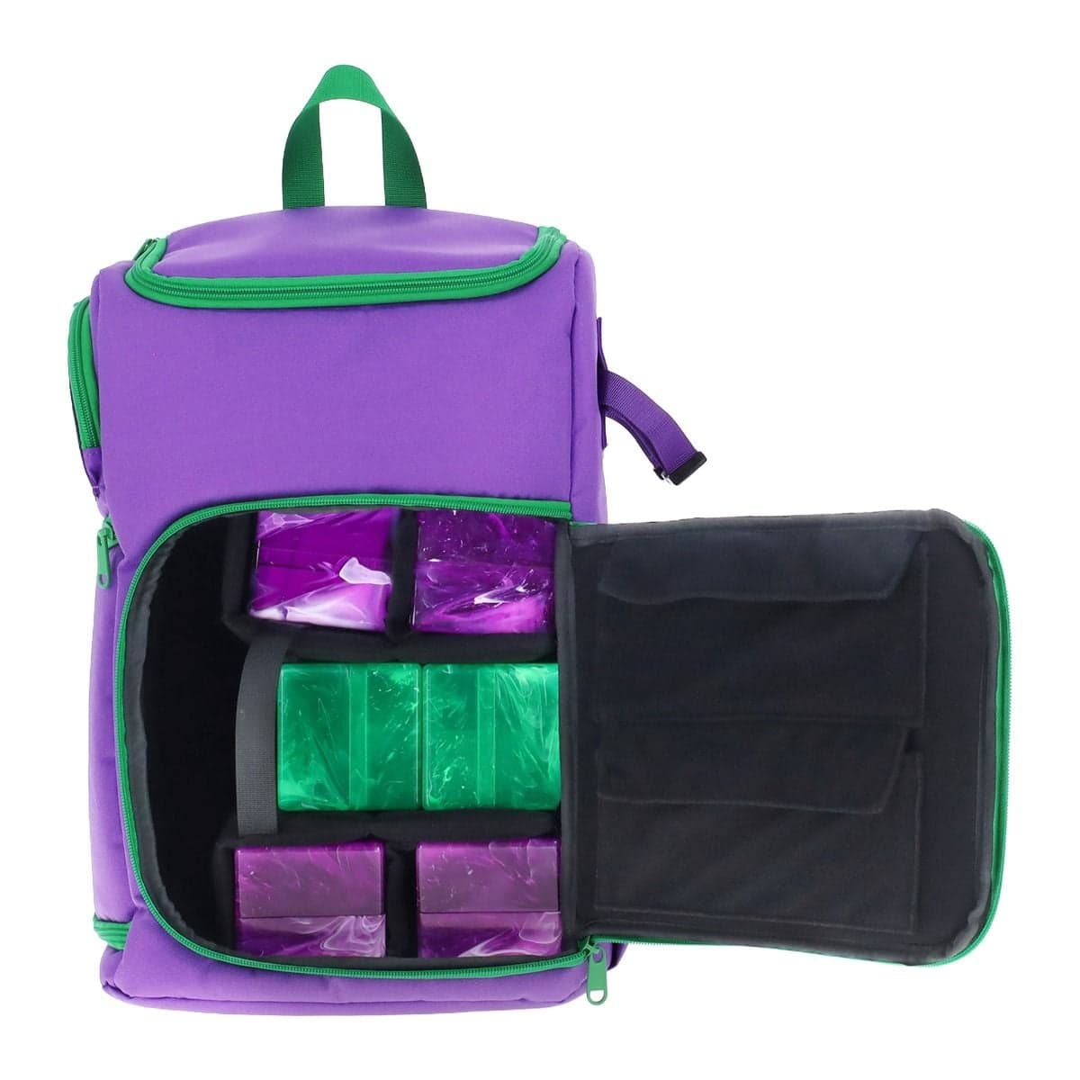 Purple Spectrum TCG Backpack shown open, displaying the configurable interior compartments filled with colorful card deck boxes in blue and pink. The right side of the backpack flap has additional pockets for accessories or smaller items.