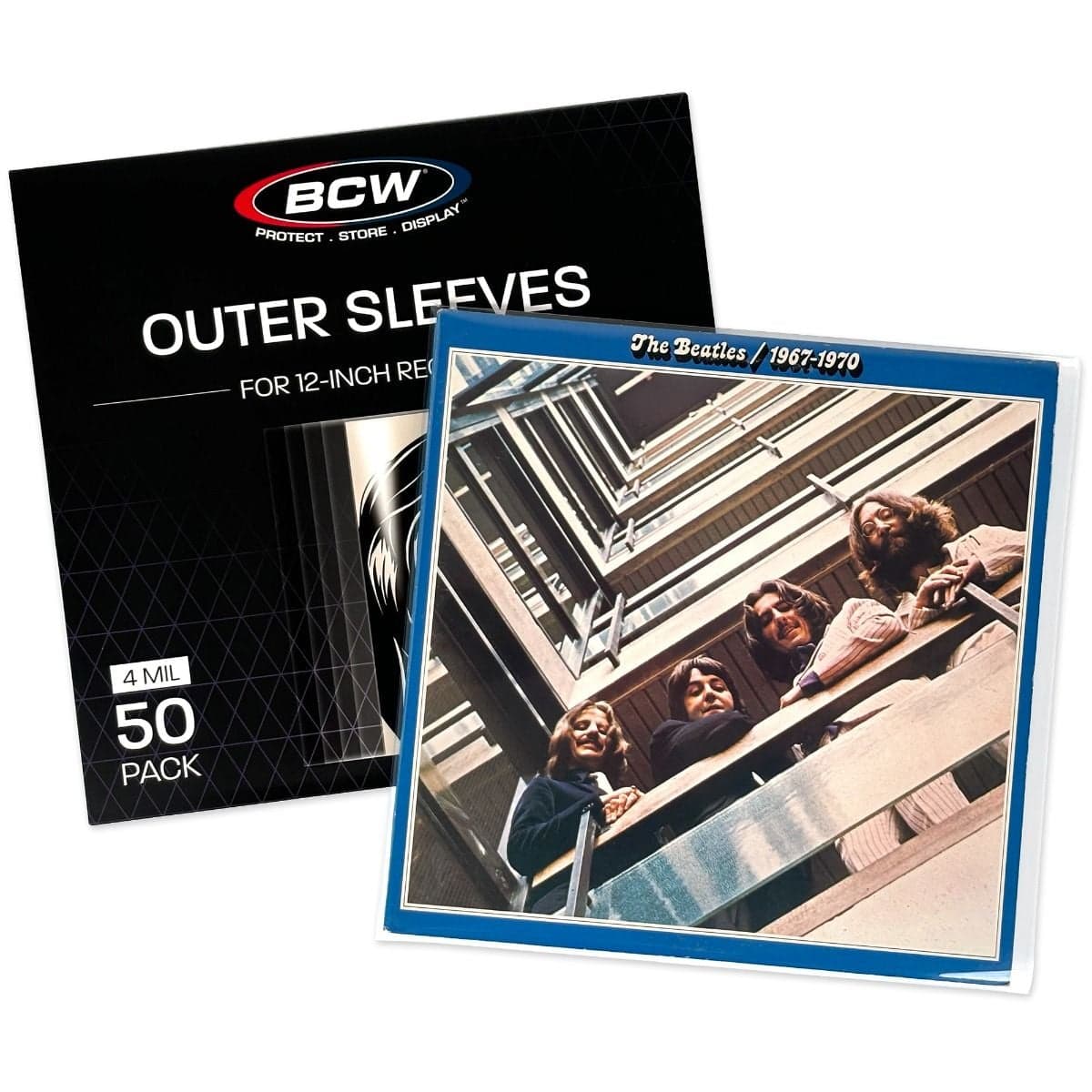 12-Inch Record Sleeves - 4 MIL - 50 Pack group with packaging and record in sleeve