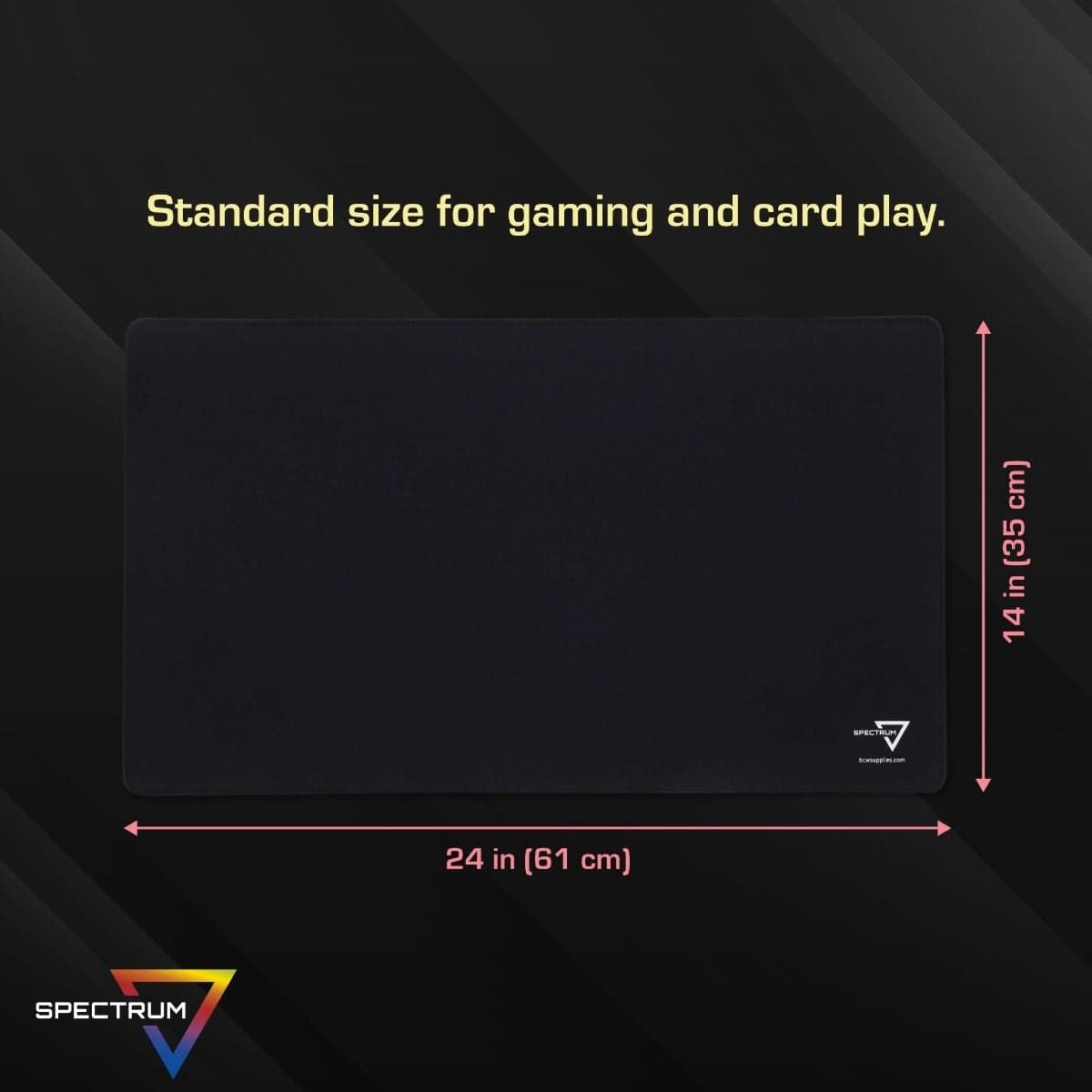 Infographic: Standard Size for gaming and card play, Black mat laid out with dimensions listed.